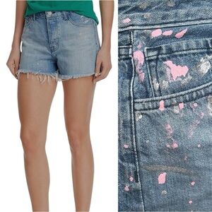 J Brand Gracie High-Rise Denim Short in Light Wash Paint Splatter Fringe Hem 24